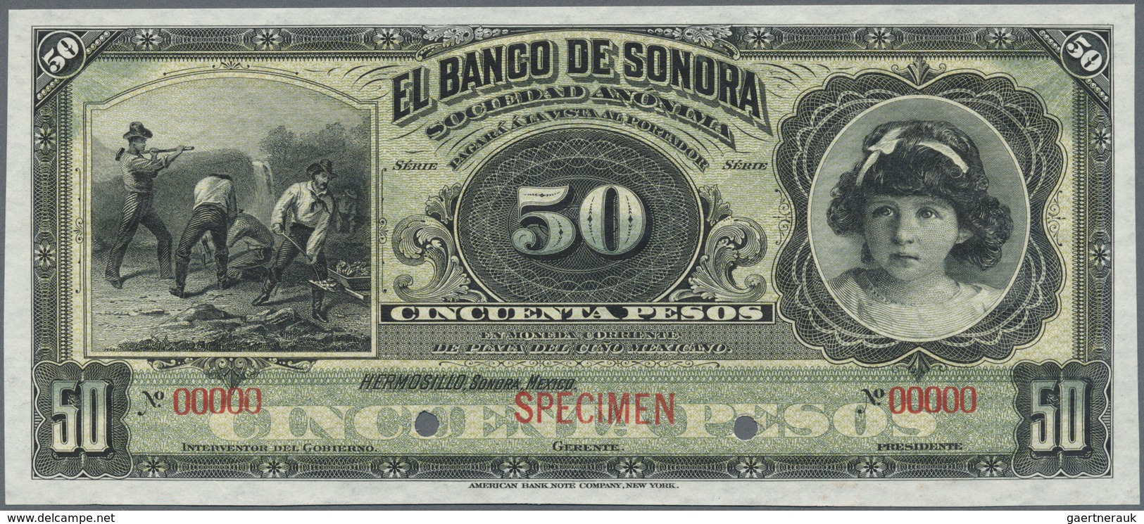 Mexico: El Banco De Sonora 50 Pesos 1899-1911 SPECIMEN, P.S422s, Punch Hole Cancellation And Red Ove - Mexico