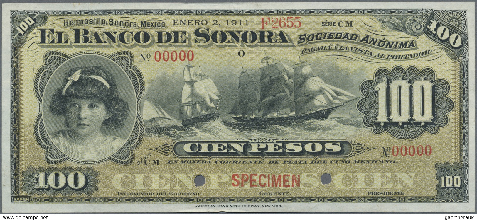 Mexico: El Banco De Sonora 100 Pesos 1911 SPECIMEN, P.S423s, Punch Hole Cancellation And Red Overpri - Mexico