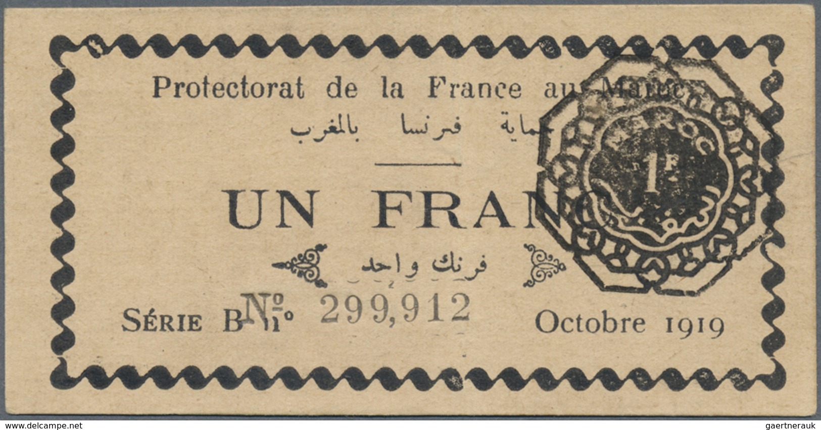 Morocco / Marokko: Protectorat De La France Au Maroc 1 Franc 10-1919, P.6a With A Soft Vertical Fold - Morocco