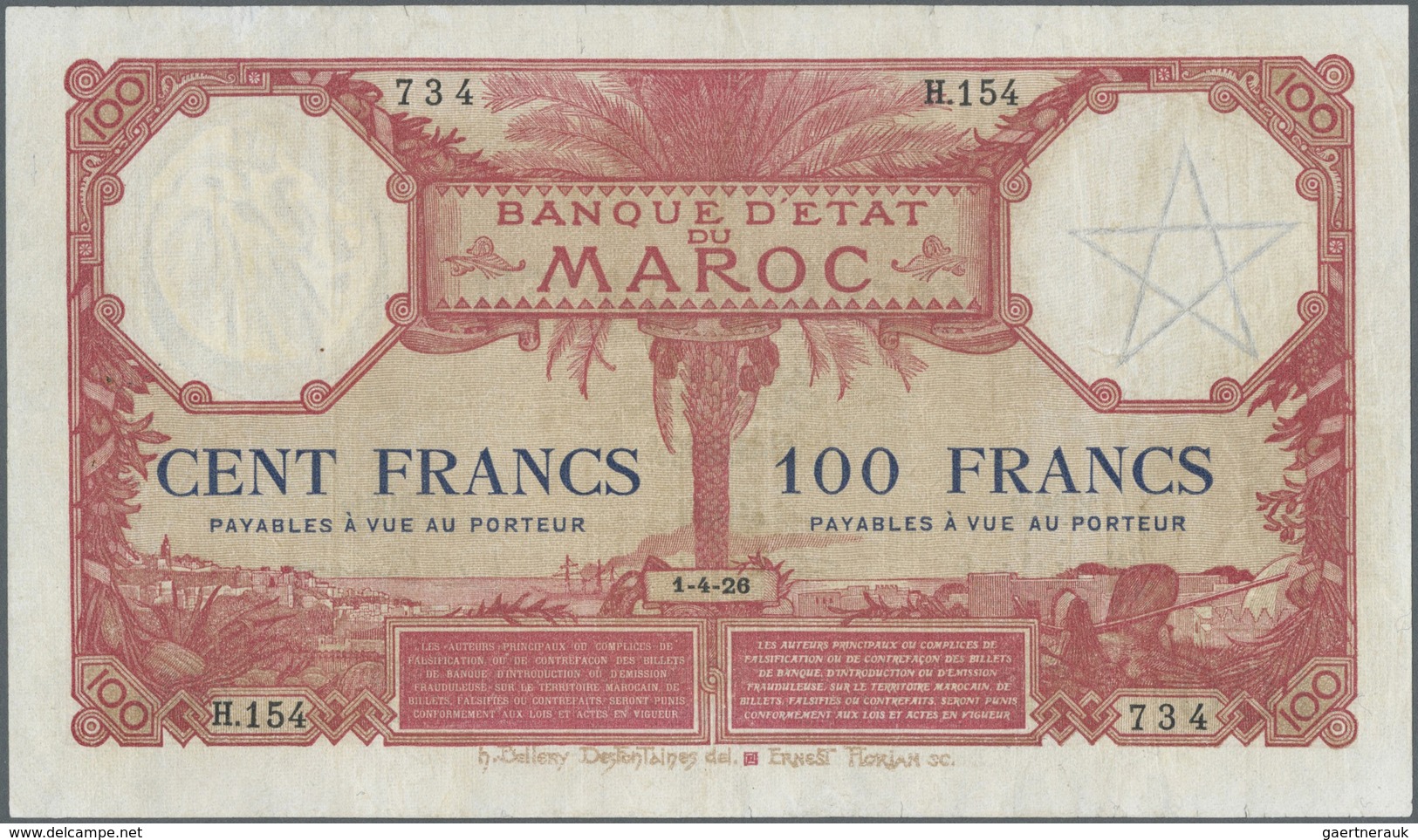 Morocco / Marokko: 100 Francs 1926 P. 14 In Exceptional Condition For This Type Of Note With Only Li - Morocco