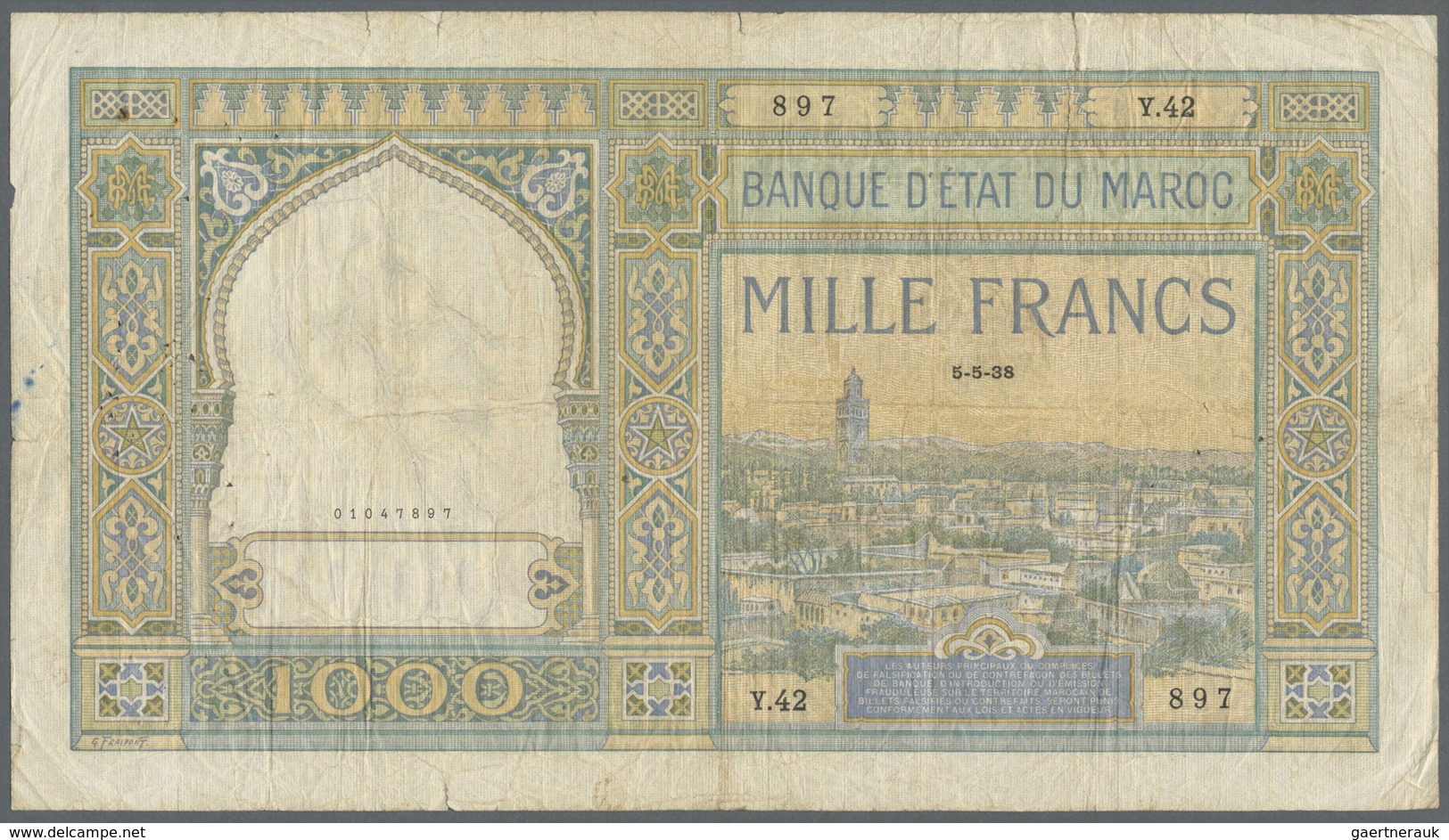 Morocco / Marokko: 1000 Francs 1938, P.16c In Well Worn Condition With A Number Of Tears Along The B - Morocco