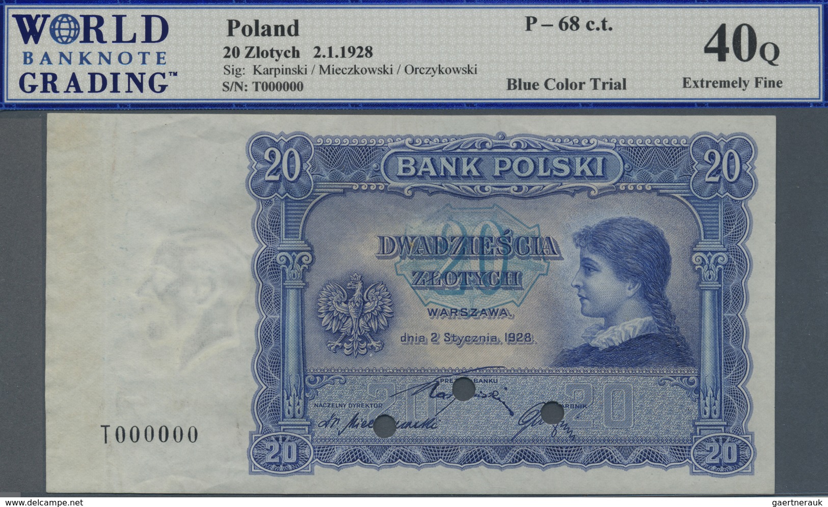 Poland / Polen: 20 Zlotych 1928 Color Trial SPECIMEN, P.68cts, Previously Mounted At Left Border, So - Poland