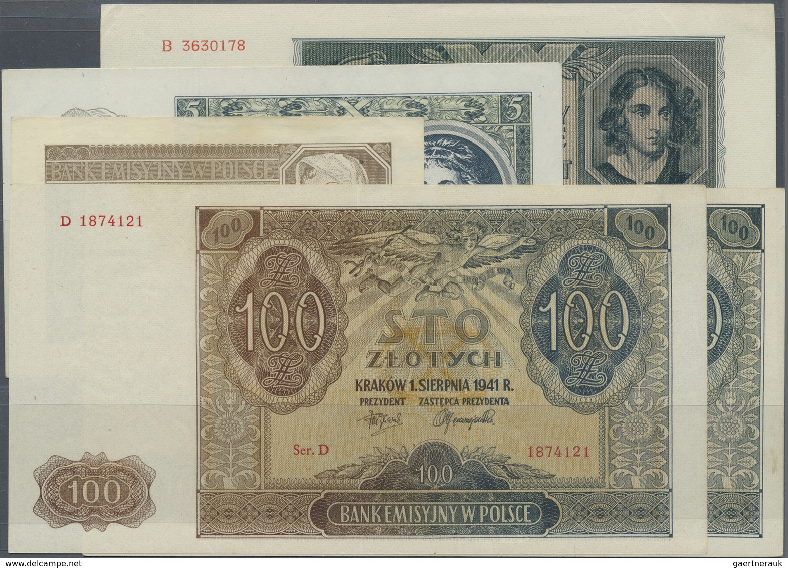 Poland / Polen: Set With 5 Banknotes 1941 Issue, Containing 2, 5, 50 And 2 X 100 Zlotych P.100-103 I - Polonia