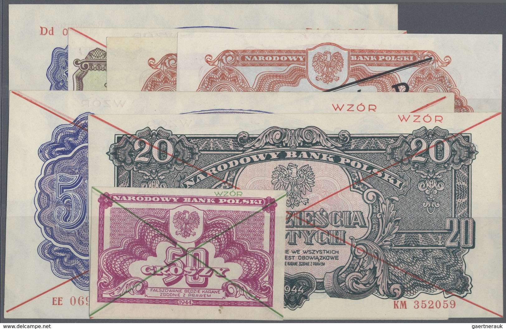 Poland / Polen: Lot With 7 Specimen Of The 1944 Series Containing 50 Groszy With Ovpt “WZOR”, 2 Zlot - Poland