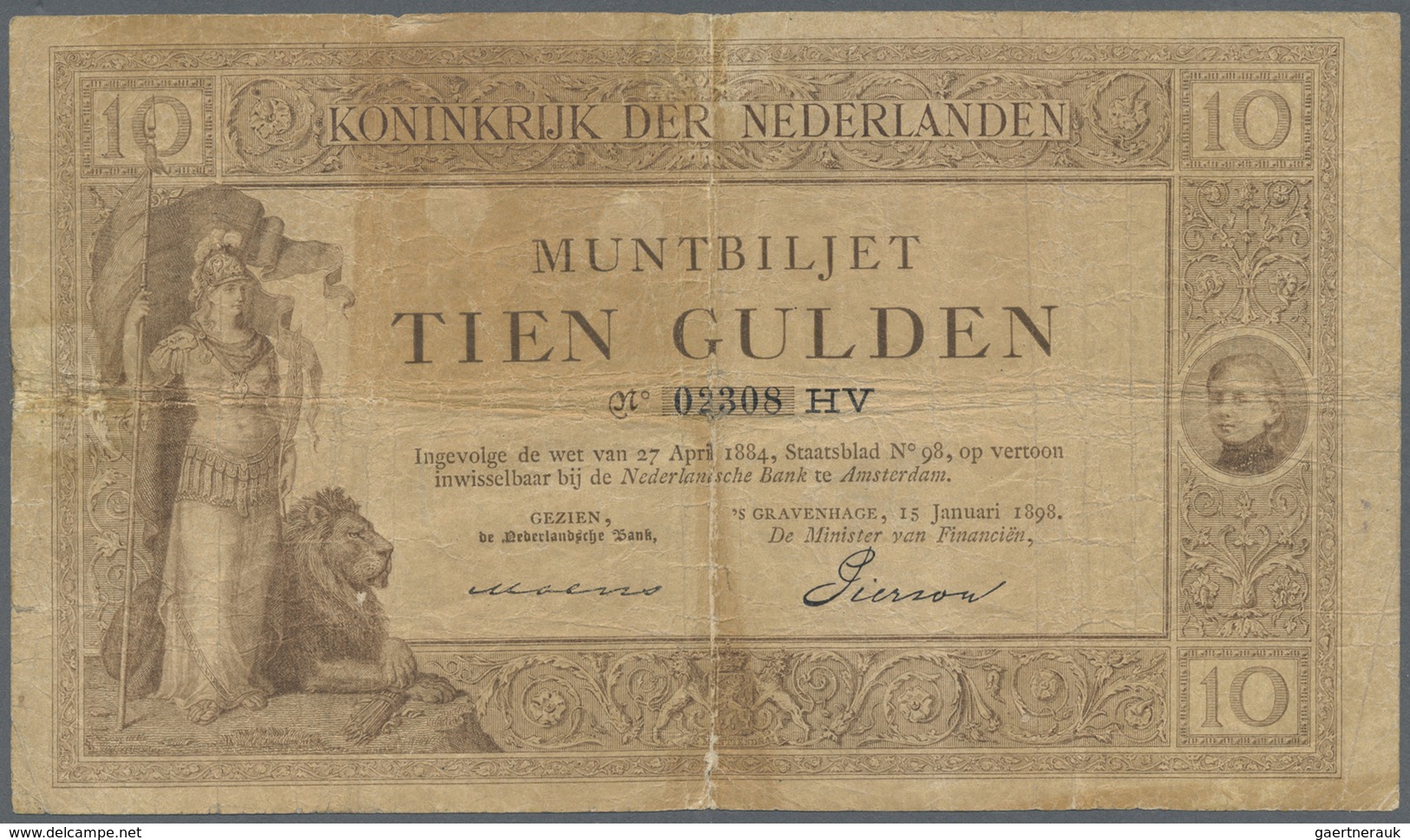 Netherlands / Niederlande: 10 Gulden 1898 P. 2, Very Rare, Used With Staining In Paper, Strong Cente - Other & Unclassified