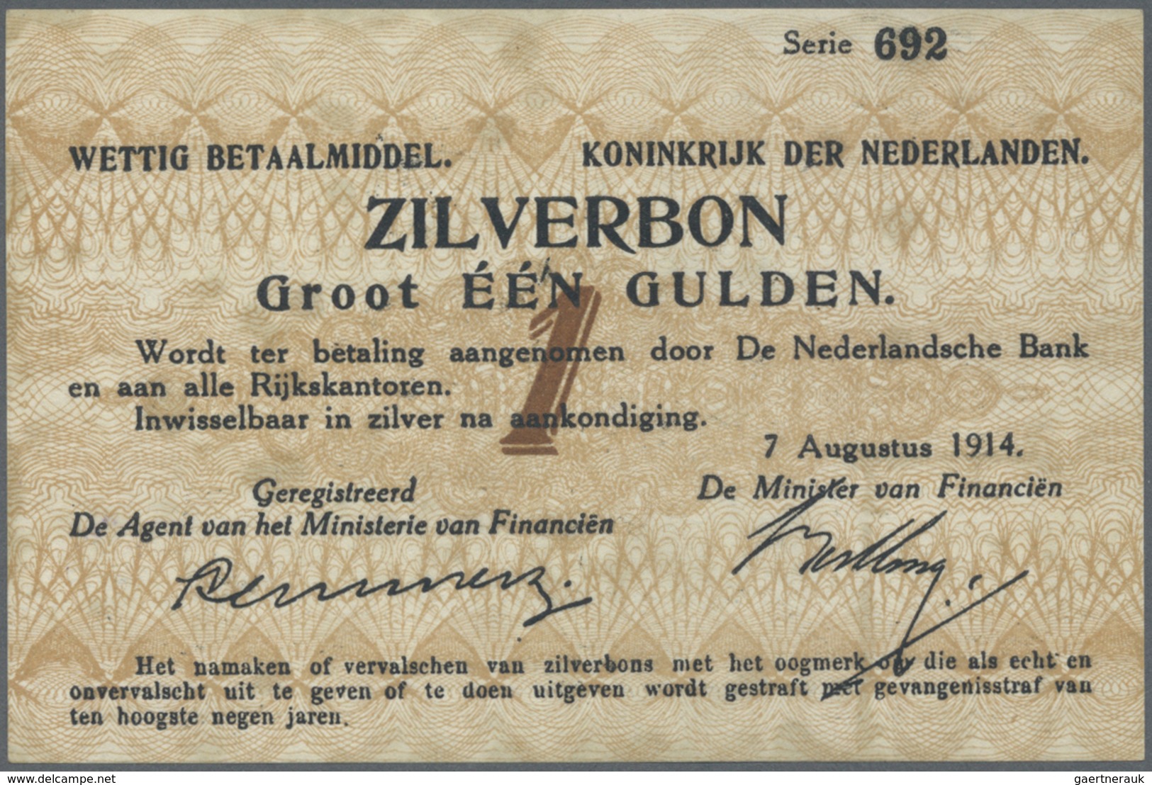 Netherlands / Niederlande: 1 Gulden 1914 P. 4a, Never Folded, No Holes Or Tears, Crisp Paper, A Few - Other & Unclassified