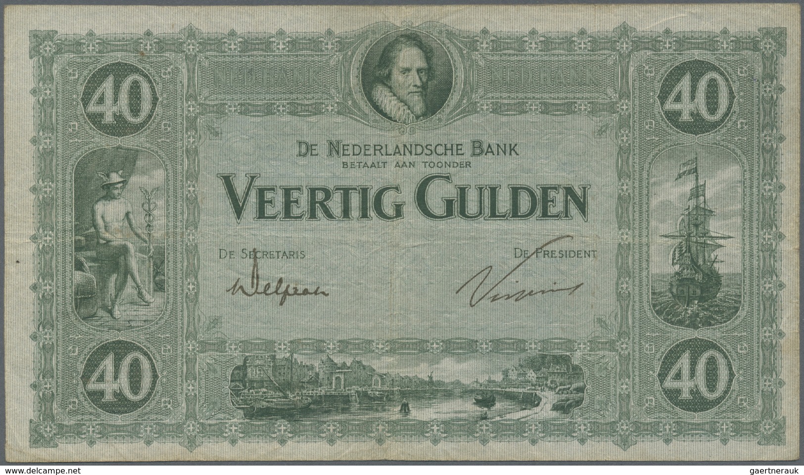 Netherlands / Niederlande: 40 Gulden 1923 P. 37, Rare Note With 3 Vertical And One Horizontal Fold, - Other & Unclassified