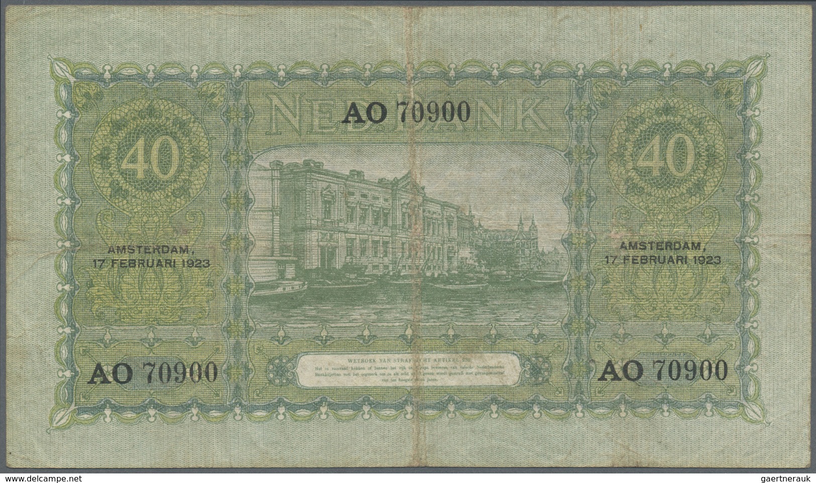 Netherlands / Niederlande: 40 Gulden 1923 P. 37, Rare Note With 3 Vertical And One Horizontal Fold, - Other & Unclassified