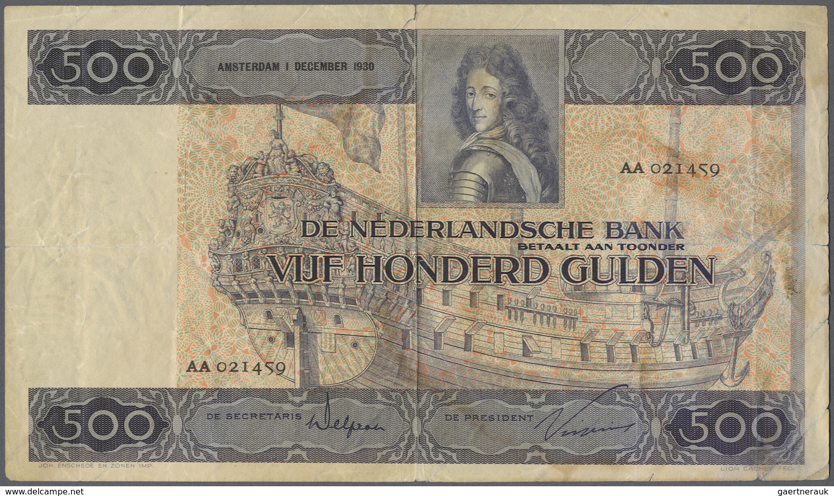 Netherlands / Niederlande: 500 Gulden 1930 P. 52, Stronger Center And Vertical Fold, A 6mm Tear At T - Other & Unclassified