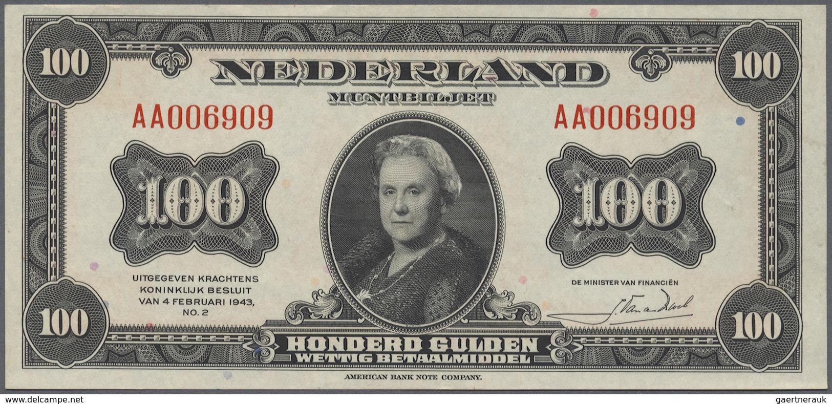 Netherlands / Niederlande: 100 Gulden 1943 P. 69a, Only A Very Very Light Center Fold, Light Handlin - Other & Unclassified