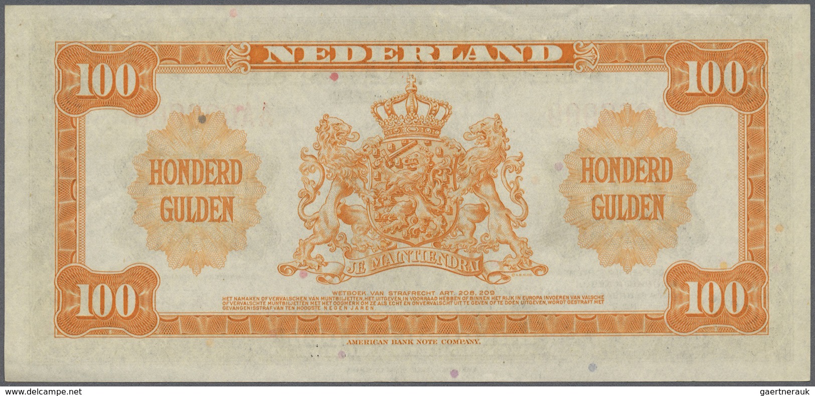 Netherlands / Niederlande: 100 Gulden 1943 P. 69a, Only A Very Very Light Center Fold, Light Handlin - Other & Unclassified