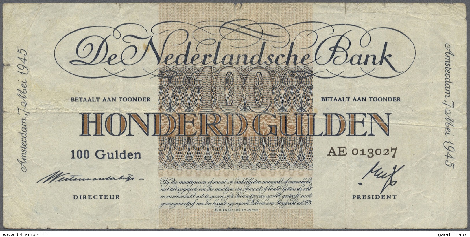 Netherlands / Niederlande: 100 Gulden 1945 P. 79, 3 Vertical And One Horizontal Fold, Some Creases I - Other & Unclassified