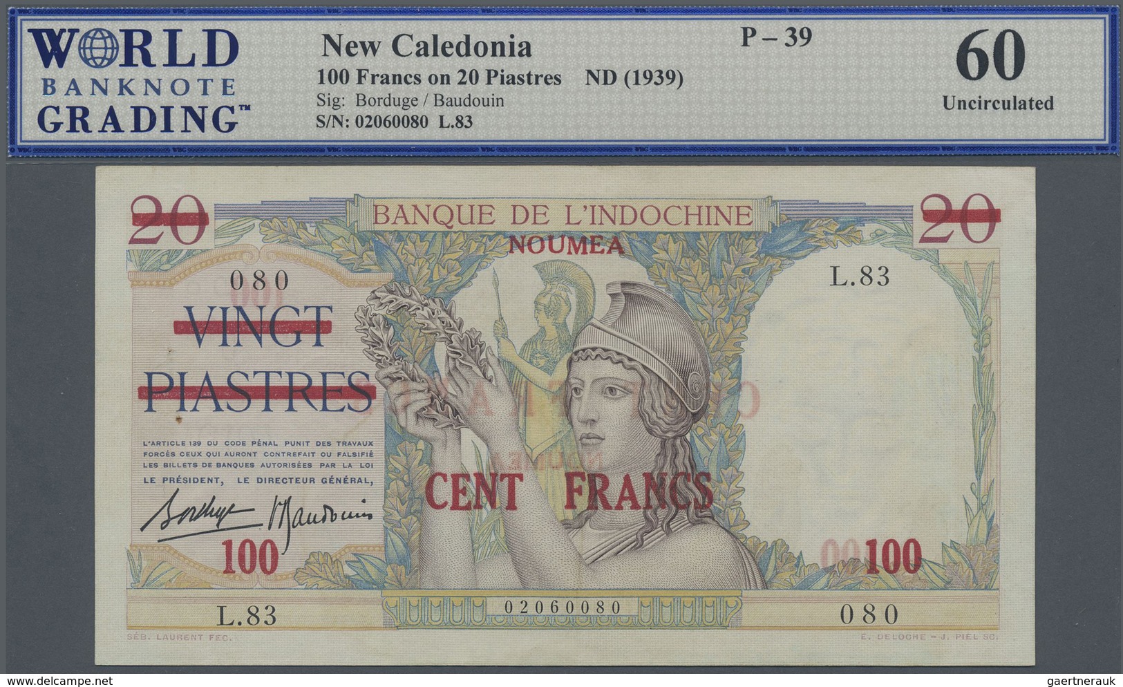 New Caledonia / Neu Kaledonien: 100 Francs Overprint On 20 Piastres ND(1939), P.39, Excellent Condit - Nouméa (New Caledonia 1873-1985)