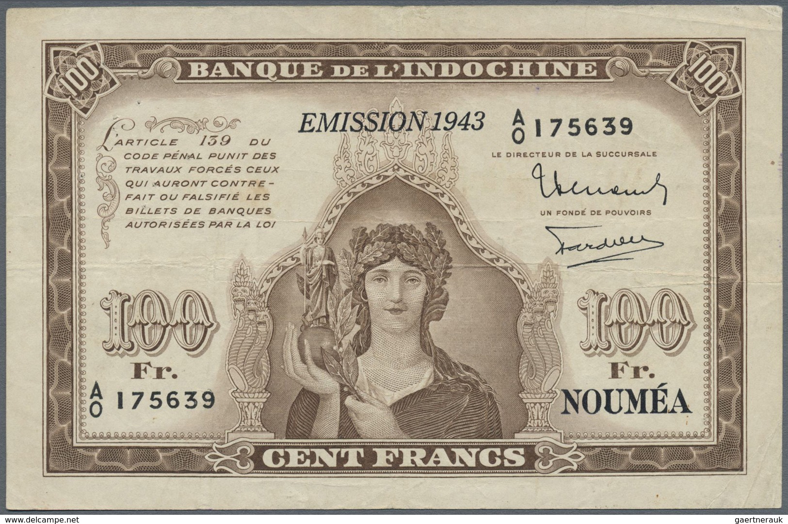 New Caledonia / Neu Kaledonien: 100 Francs 1943 P. 46a, Folds And Creases In Paper, Several Pinholes - Nouméa (New Caledonia 1873-1985)