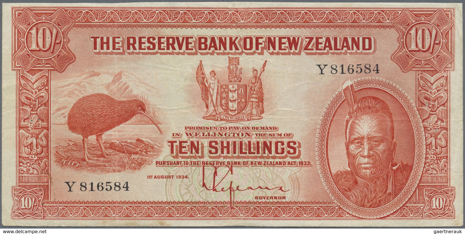 New Zealand / Neuseeland: 10 Shillings 1934 P. 154, Used With Folds And Creases, Upper Border Trimme - New Zealand
