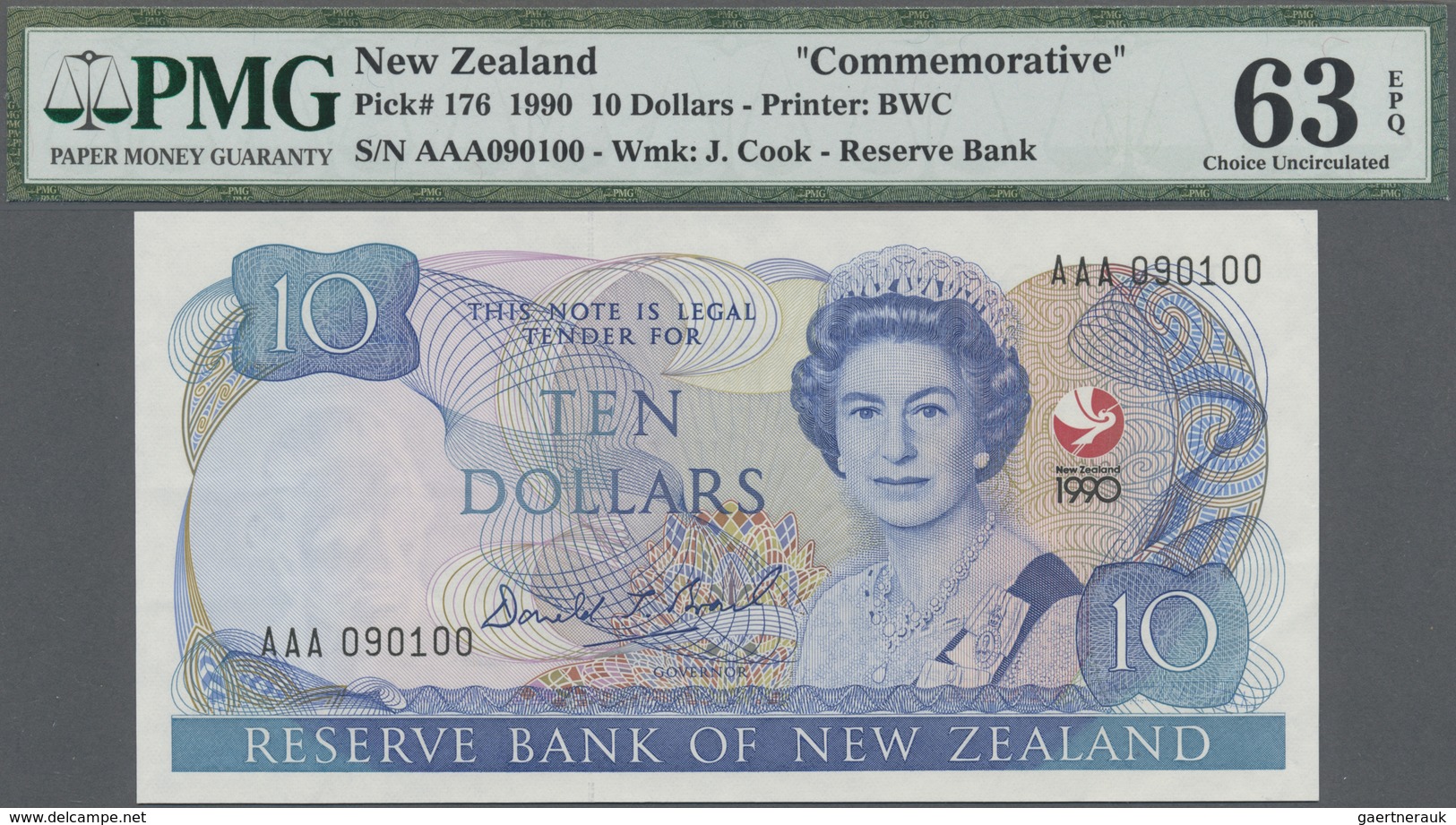 New Zealand / Neuseeland: 10 Dollars 1990 P. 176 Series AAA In Condition: PMG Graded 63 Choice UNC E - New Zealand