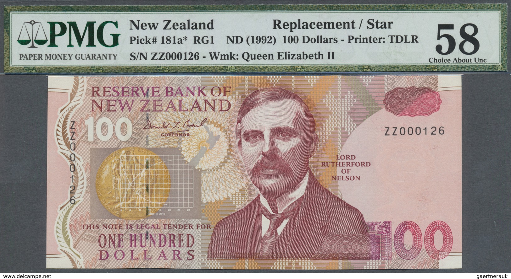 New Zealand / Neuseeland: 100 Dollars ND(1992) Replacement With Very Low Serial Number ZZ 000126, P. - New Zealand