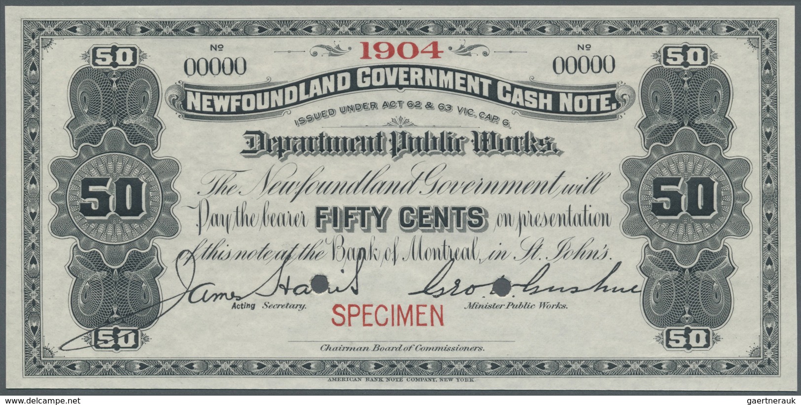 Newfoundland / Neufundland: 50 Cents ND Specimen P. A5s With Small Red "Specimen" Overprint At Lower - Canada