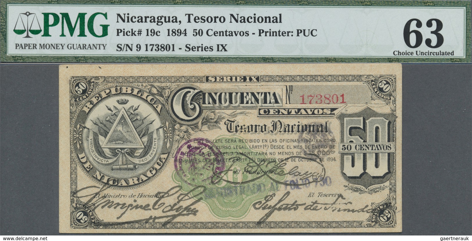Nicaragua: Tesoro Nacional 50 Centavos 1894, P.19c, Almost Perfect Condition With A Few Spots And Li - Nicaragua