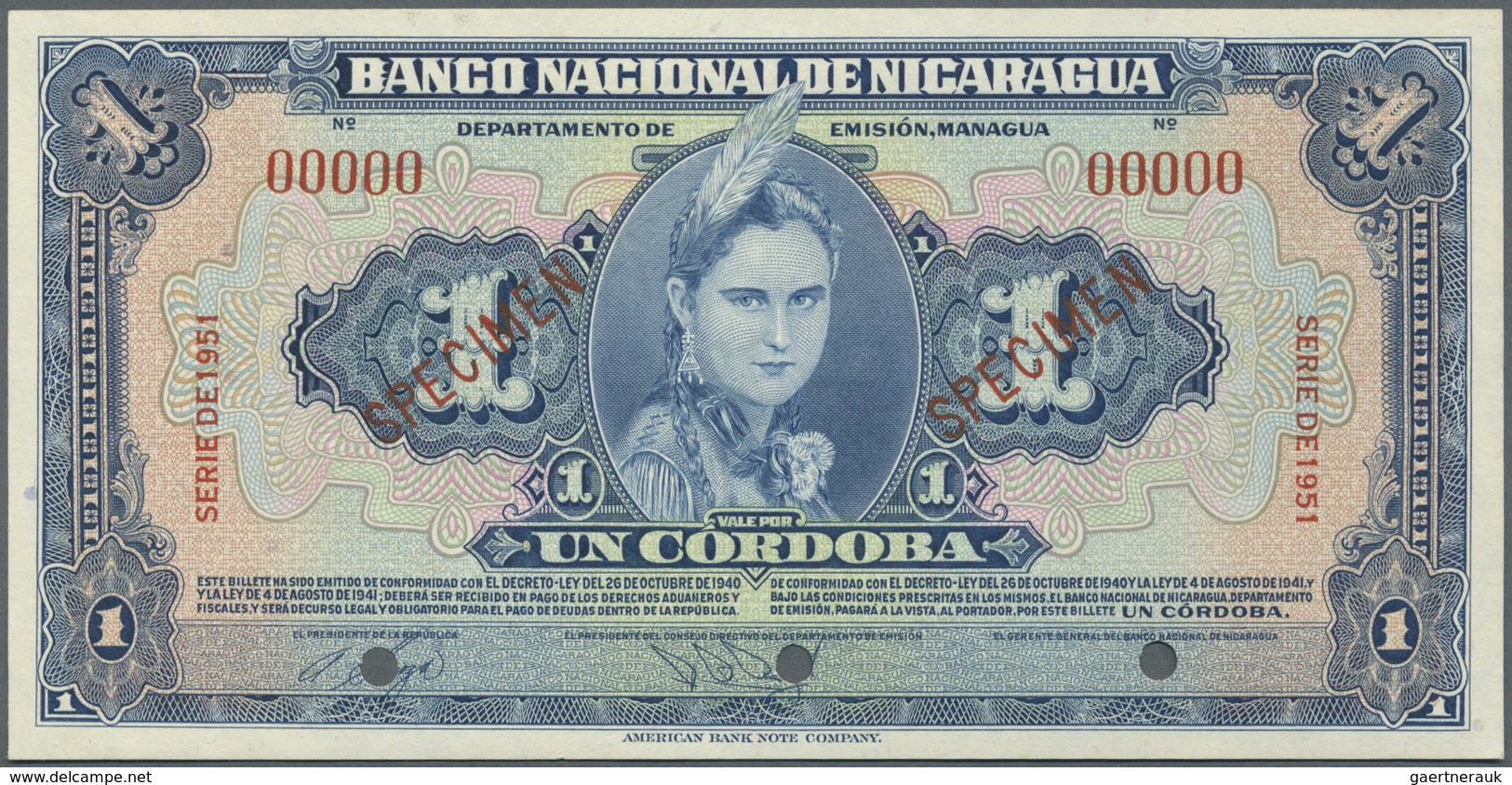 Nicaragua: 1 Cordoba 1951 Specimen P. 91Bs, 3 Cancellation Holes, Zero Serial Numbers, Specimen Over - Nicaragua