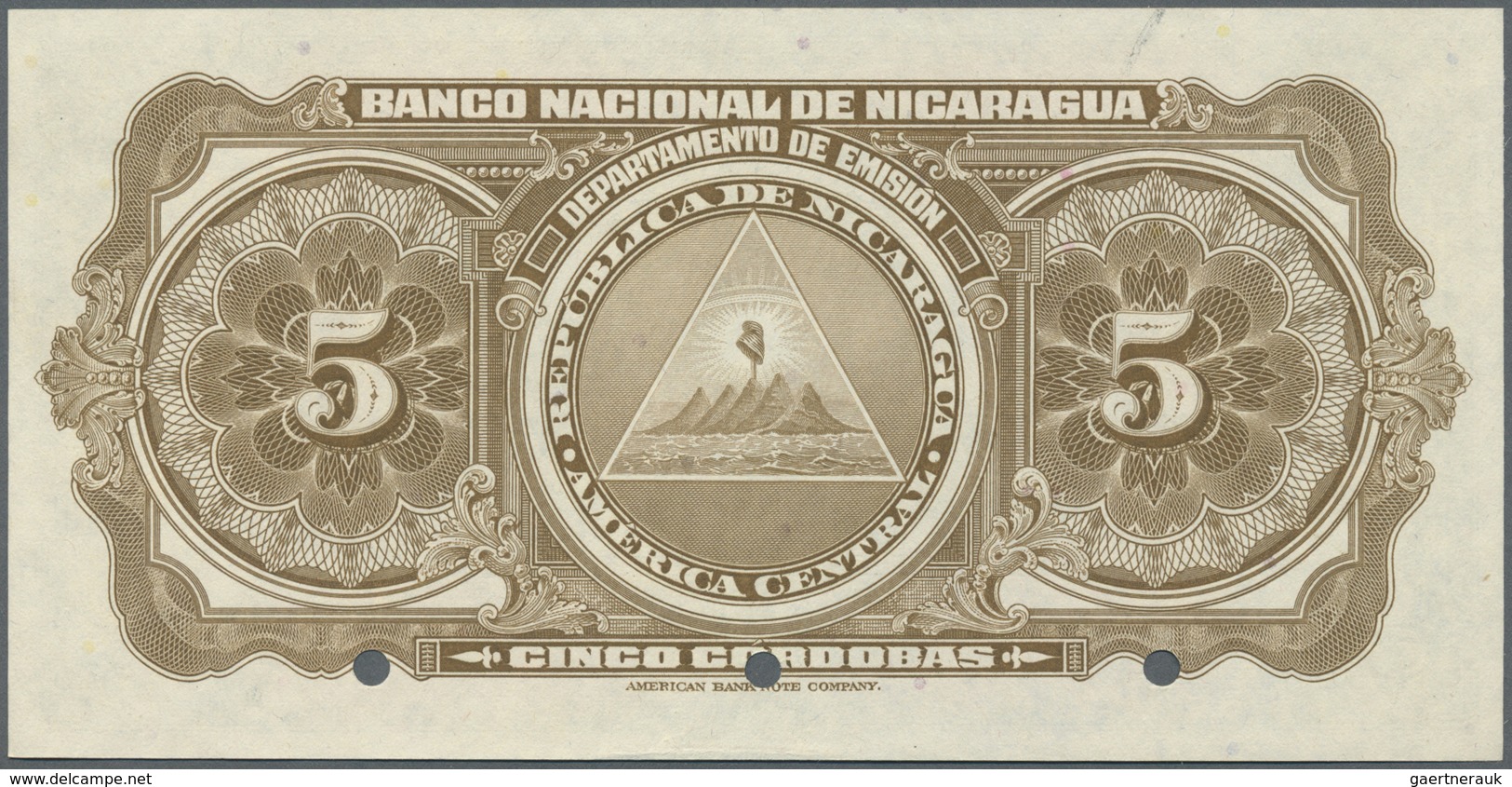 Nicaragua: 5 Cordobas 1951 Specimen P. 93Cs, 3 Cancellation Holes, Zero Serial Numbers, Specimen Ove - Nicaragua