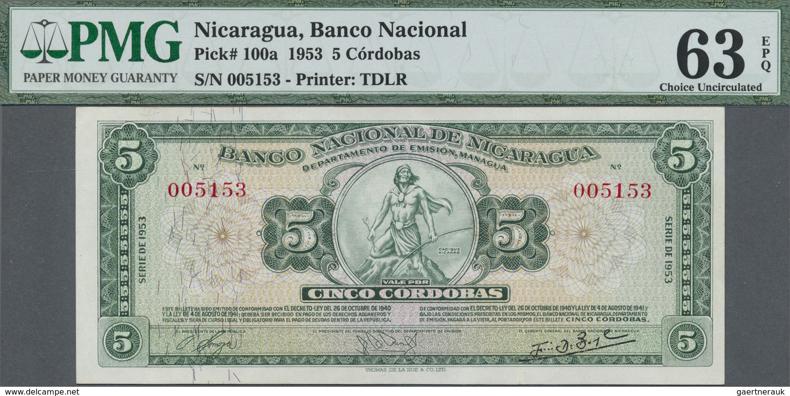 Nicaragua: Banco Nacional De Nicaragua 5 Cordobas 1953, P.100a, Minor Creases And A Few Tiny Spots, - Nicaragua