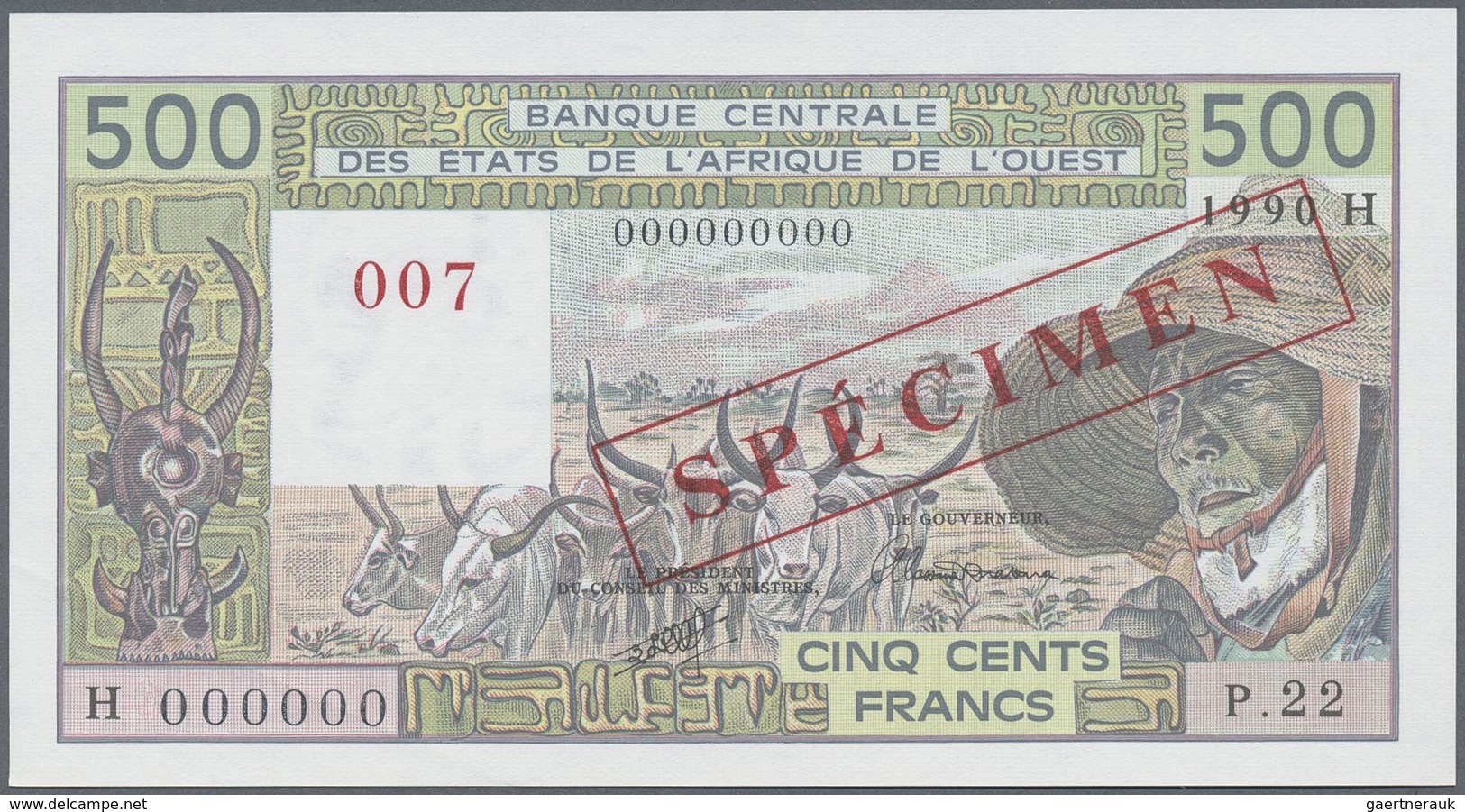 Niger: West African States Letter "H" For Niger 500 Francs ND Specimen With Zero Serial Numbers And - Niger