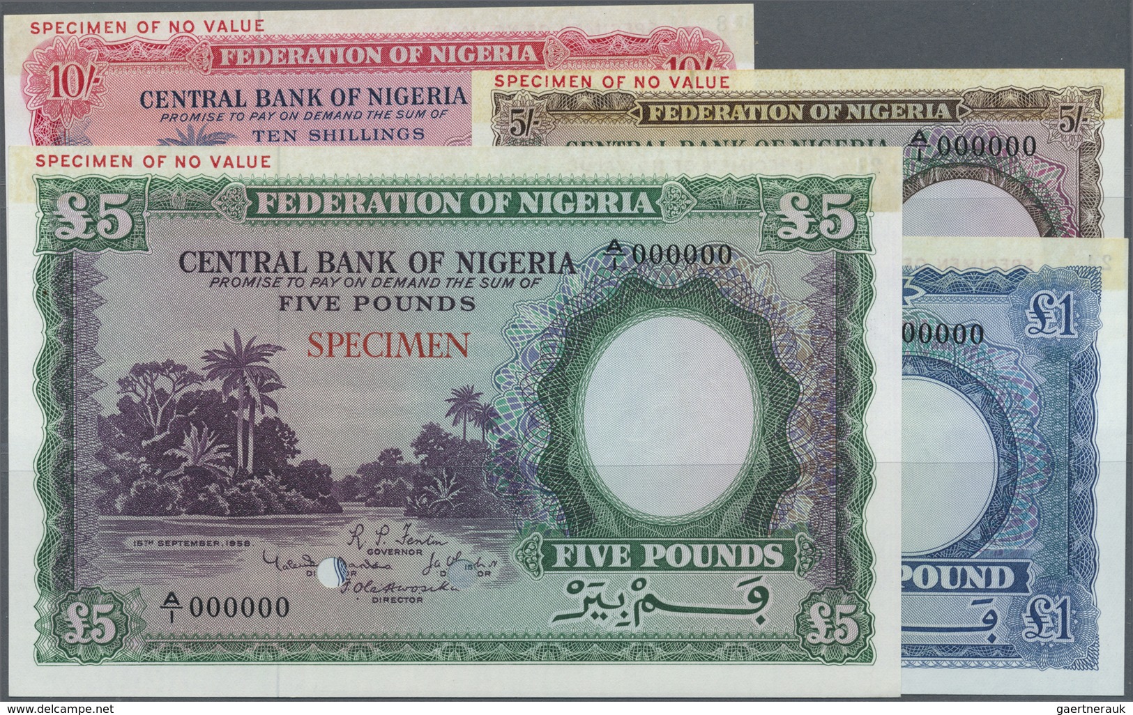 Nigeria: Set With 4 Color Trial Specimen 5, 10 Shillings, 1 And 5 Pounds 1958, P.2cts, 3cts, 4cts, 5 - Nigeria