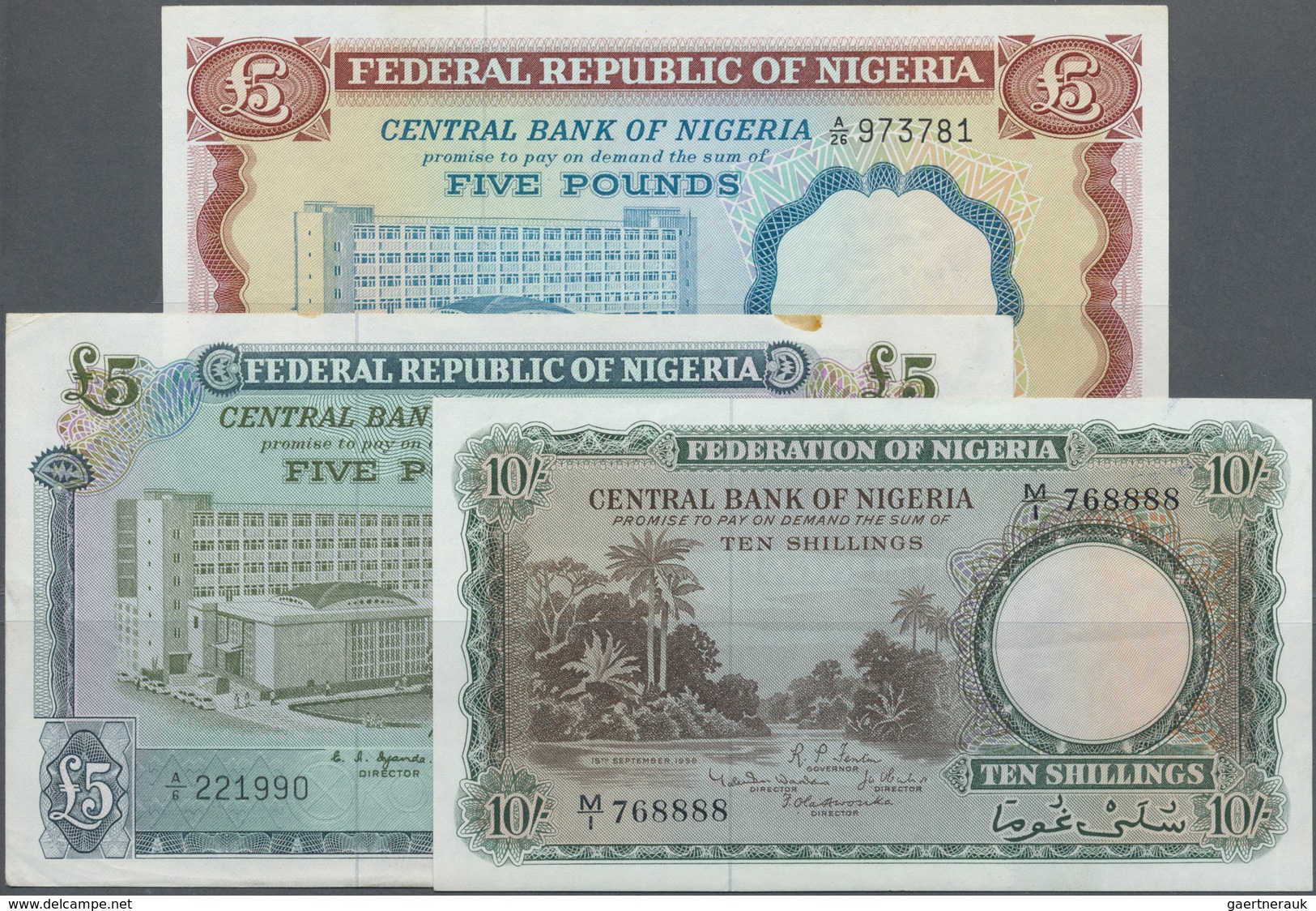 Nigeria: Set With 3 Banknotes 10 Shillings 1958 P.3 (XF), 5 Pounds ND(1967) P.9 (VF) And 5 Pounds ND - Nigeria