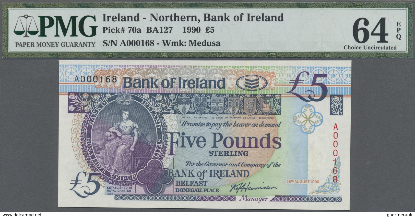 Northern Ireland / Nordirland: 5 Pounds 1990 P. 70a With Very Low Serial #A000168 In Condition: 64 C - Other & Unclassified