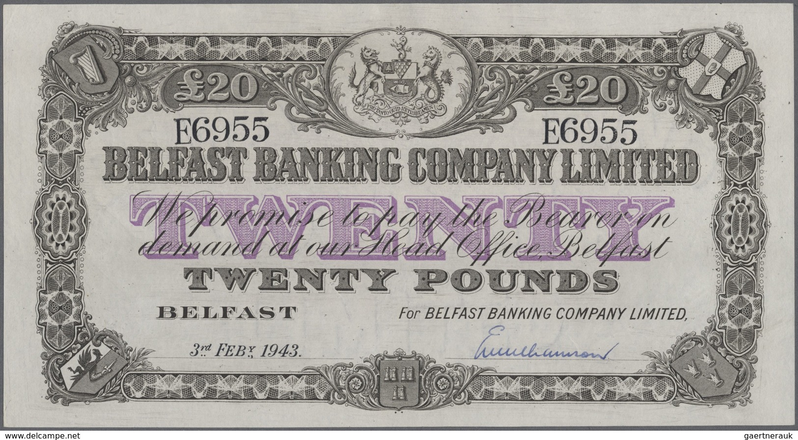 Northern Ireland / Nordirland: 20 Pounds 1943 P. 129c, Very Rare Note, Only A Very Very Light Center - Other & Unclassified