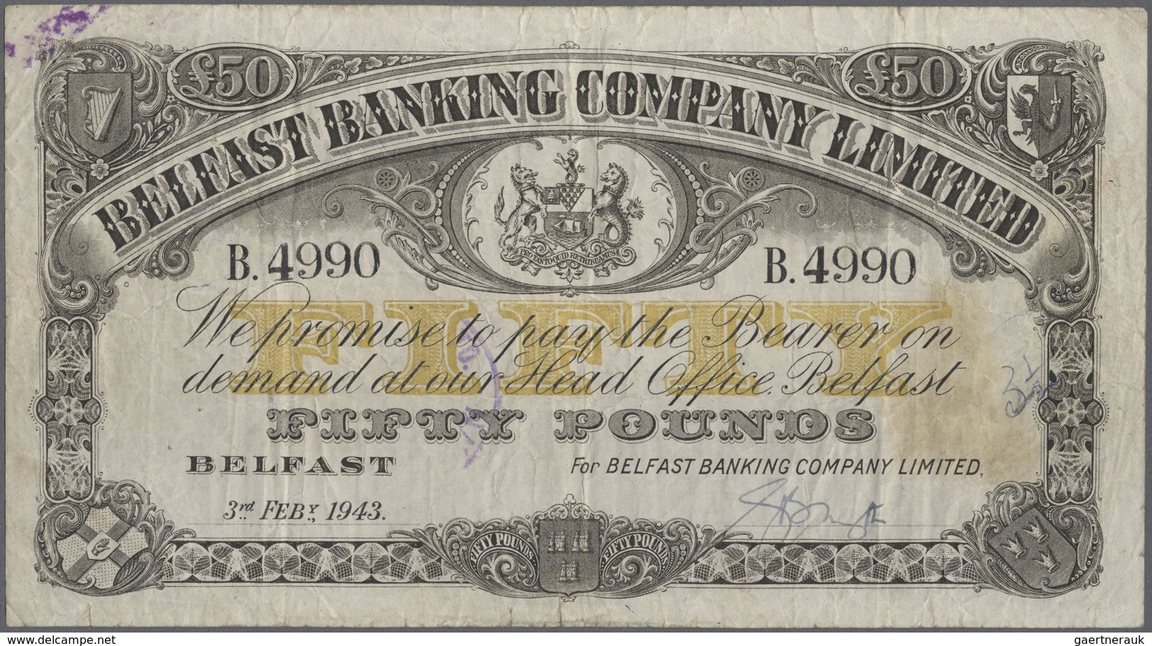 Northern Ireland / Nordirland: 50 Pounds 1943 P. 130c, Used With Several Folds And Creases, A Bit Mo - Other & Unclassified