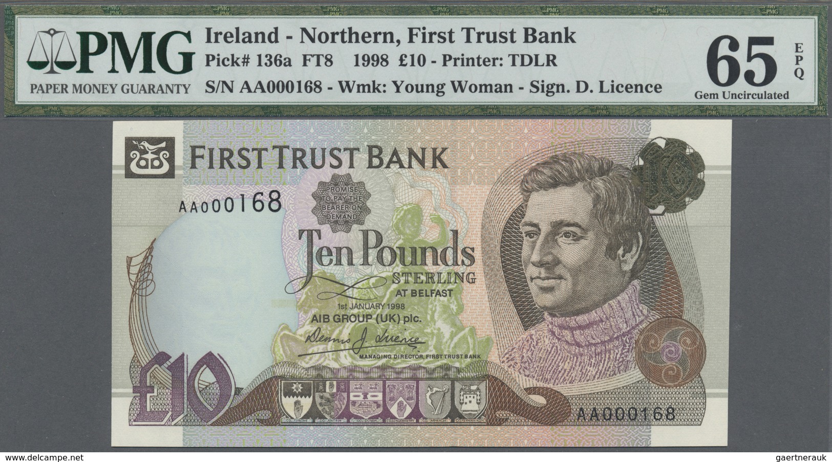 Northern Ireland / Nordirland: 10 Pounds 1998 P. 136a With Very Low Serial #AA000168 In Condition: P - Other & Unclassified