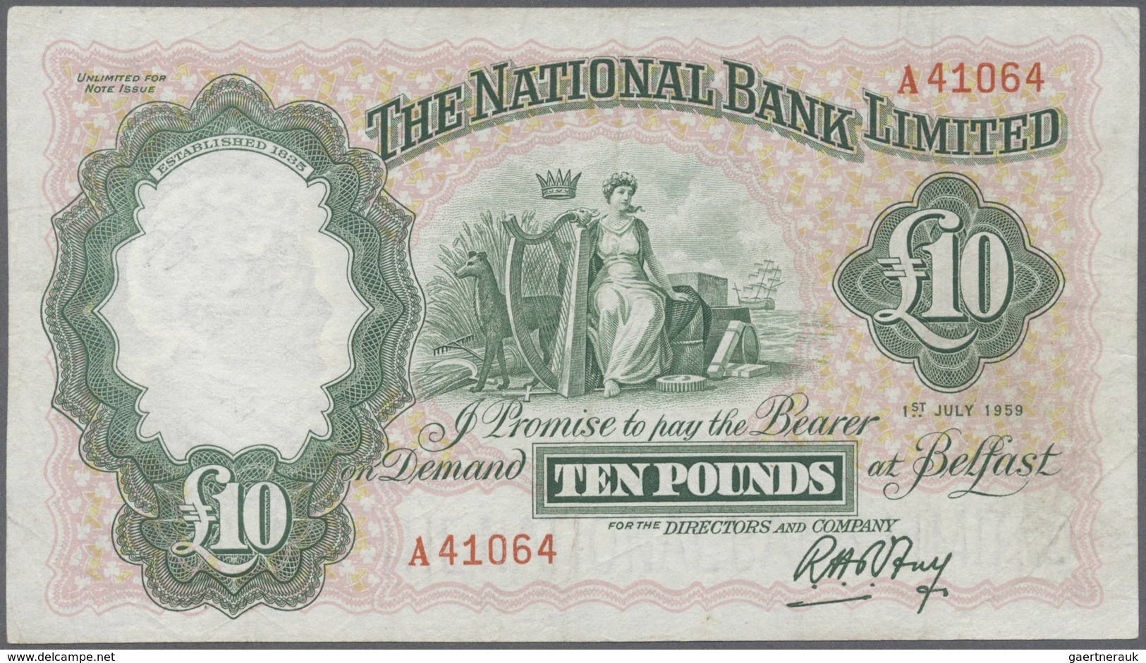 Northern Ireland / Nordirland: 10 Pounds 1959 P. 160b, The National Bank Limited, Light Folds, Seems - Other & Unclassified