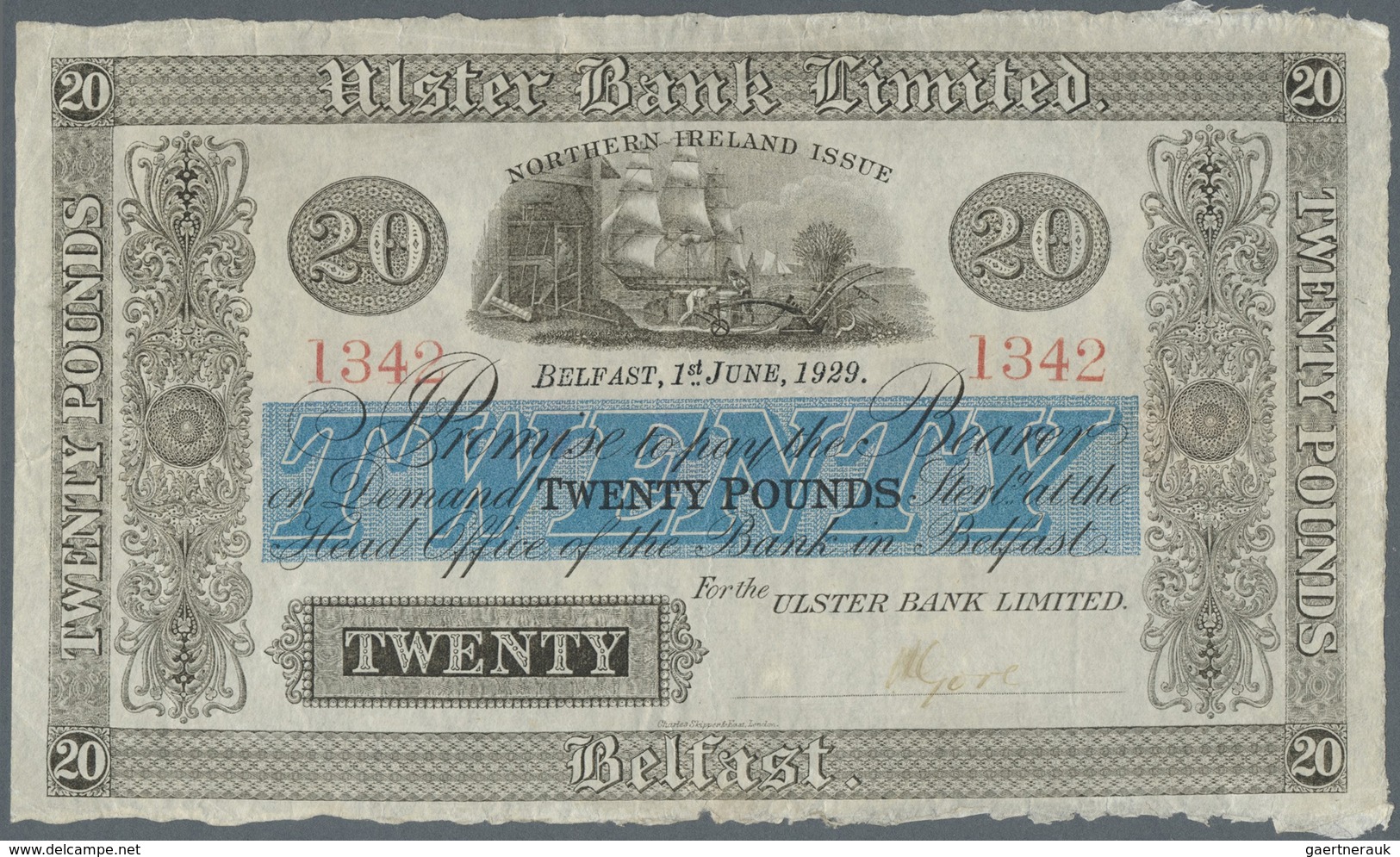 Northern Ireland / Nordirland: 20 Pounds 1929 P. 309, Ulster Bank Limited, Rare Note, Used With Fold - Sonstige & Ohne Zuordnung