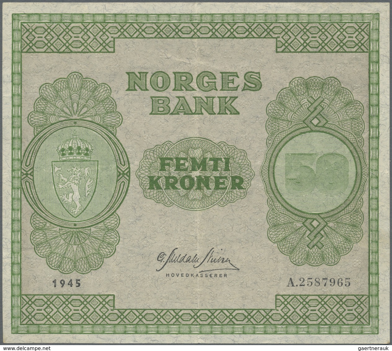 Norway / Norwegen: 50 Kroner 1945 P. 27a, Used With Center Fold And Light Creases In Paper, No Holes - Norway