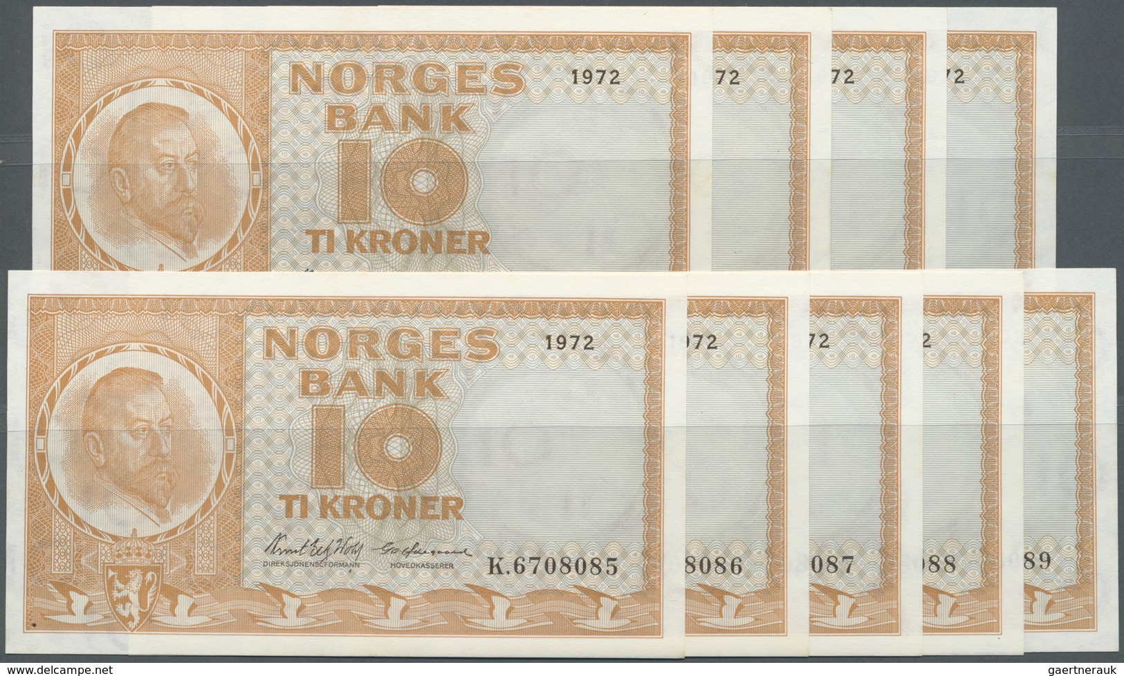 Norway / Norwegen: Set Of 9 CONSECUTIVE Notes 10 Kroner 1972 P. 31f In Condition: UNC. (9 Pcs Consec - Norvège