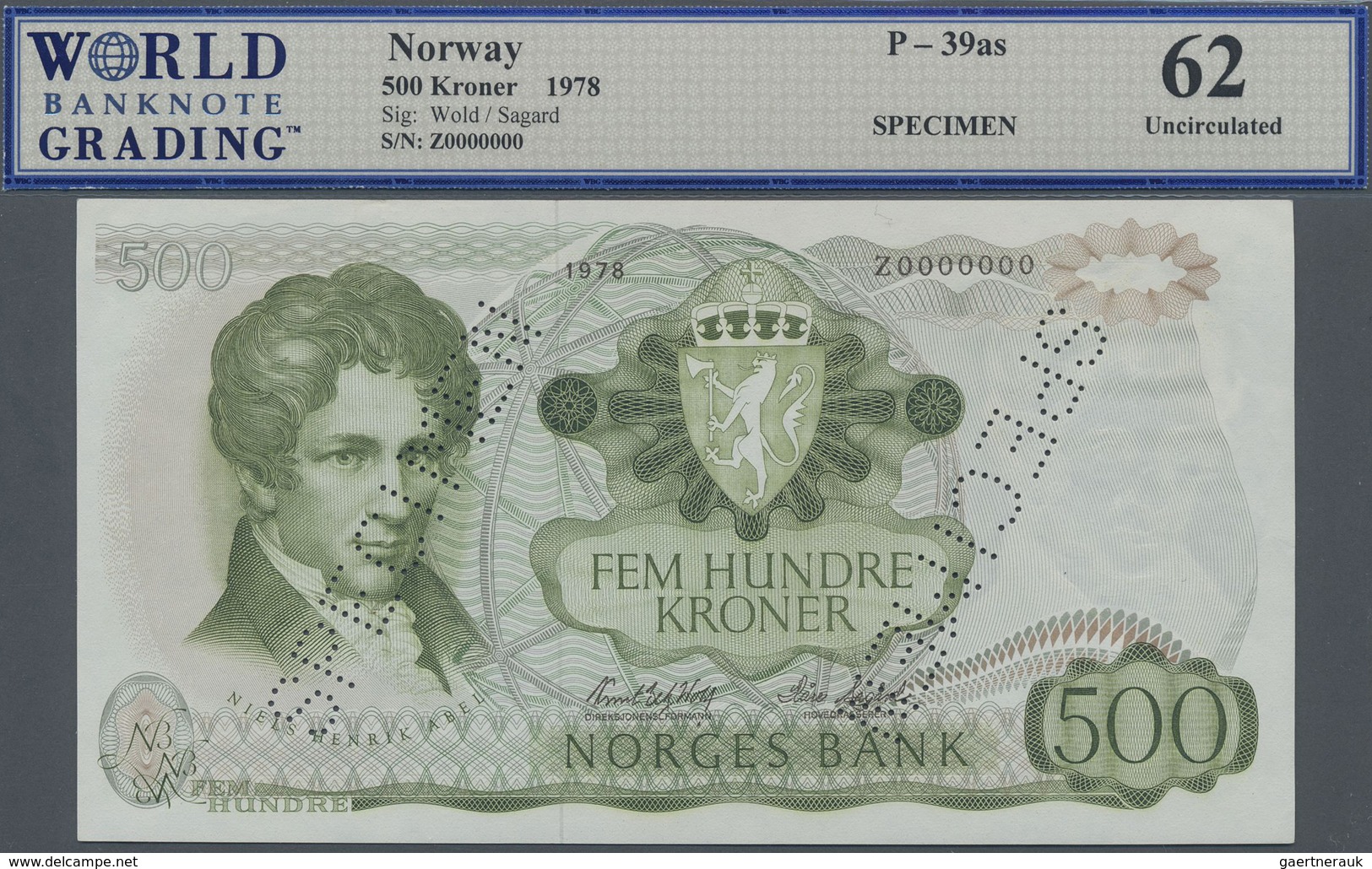Norway / Norwegen: 500 Kroner 1978 SPECIMEN, P.39as In Almost Perfect Condition With Traces Of A Pap - Norway