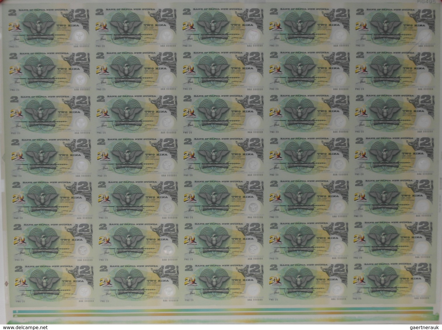 Papua New Guinea: Uncut Sheet Of 35 Pcs 2 Kina "20th Anniversary" P. 15 In Condition: UNC. (35 Pcs U - Papouasie-Nouvelle-Guinée