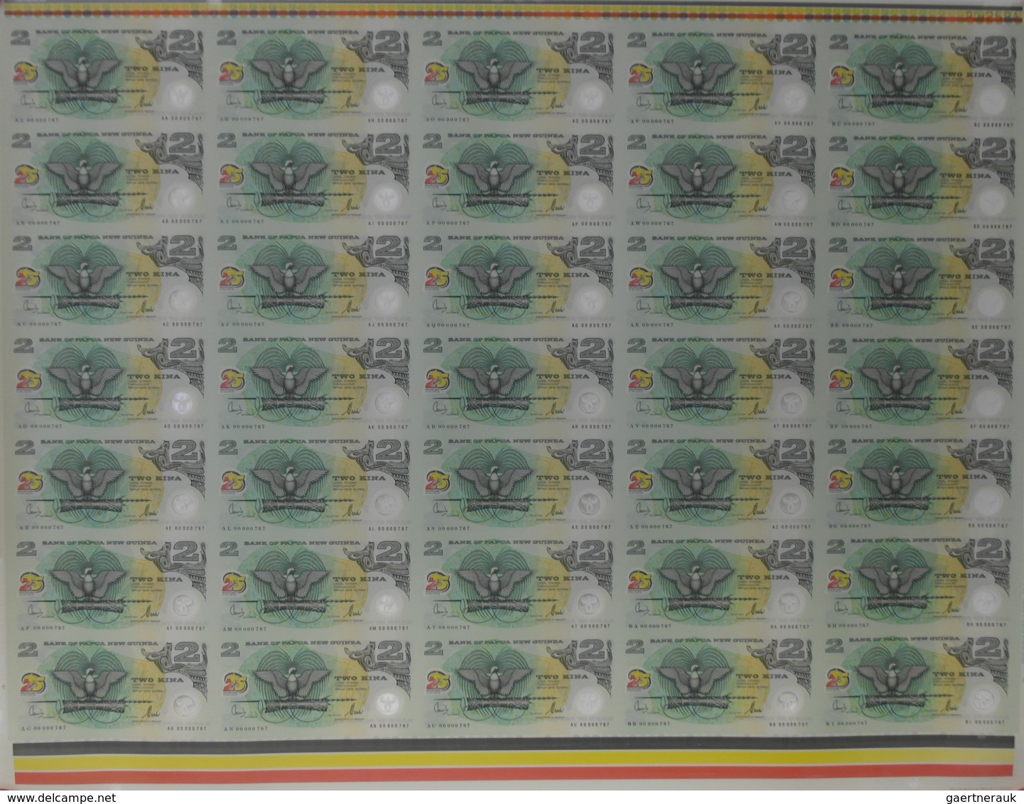 Papua New Guinea: Uncut Sheet Of 35 Pcs 2 Kina Commemorative "25th Anniversary" ND(2000) P. 23 In Co - Papua New Guinea