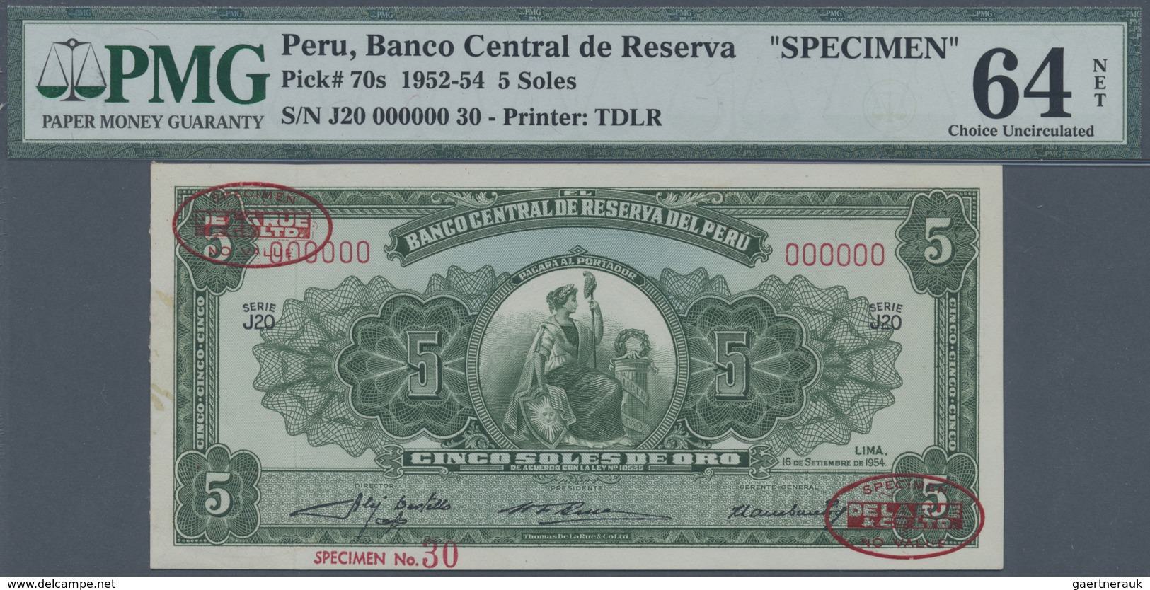 Peru: 5 Soles 1954 Specimen P. 70s, PMG Graded 64 Choice UNC NET. - Peru