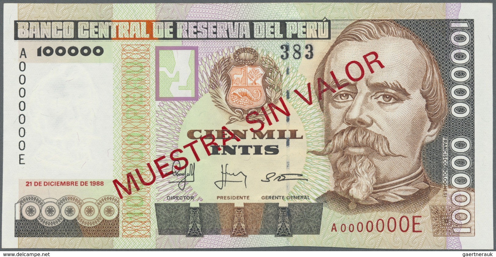 Peru: 100.000 Intis 1988 Specimen P. 144As In Condition: UNC. - Peru