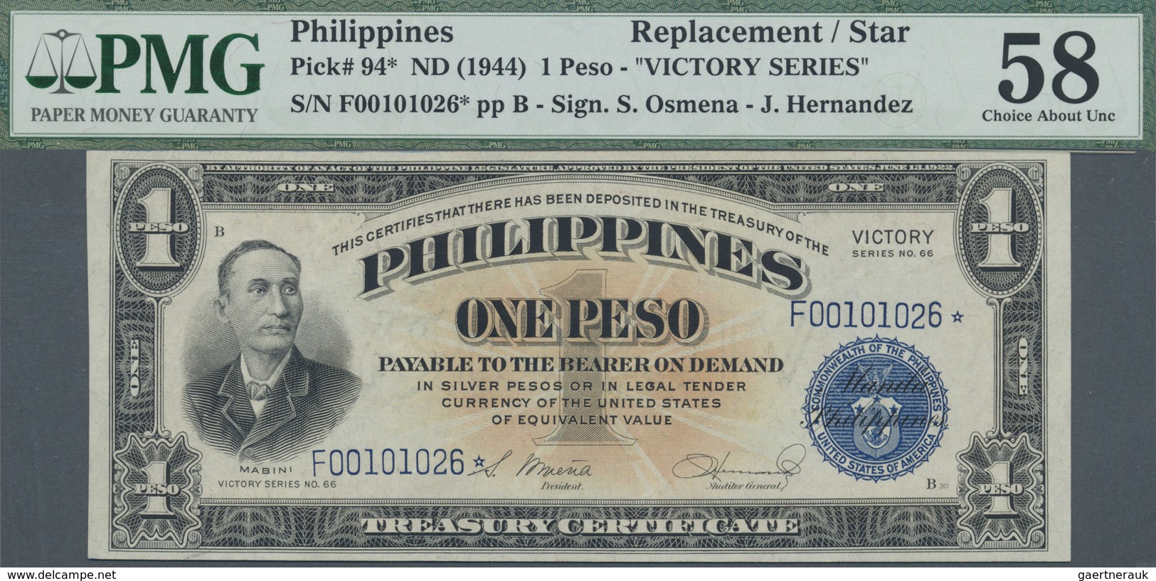 Philippines / Philippinen: 1 Peso ND(1944) Replacement Note VICTORY Series, P.94r, Excellent Conditi - Philippines