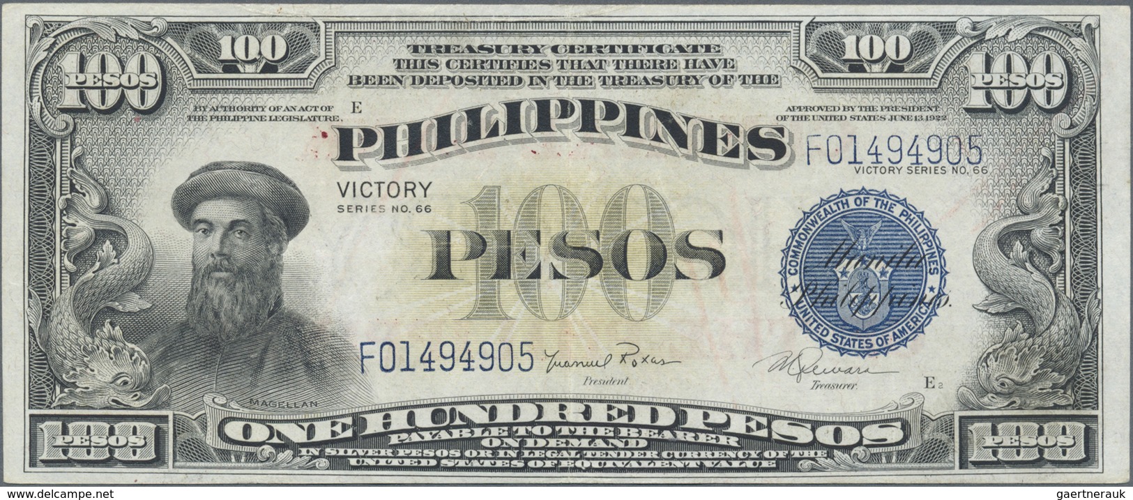 Philippines / Philippinen: 100 Pesos ND(1949) P. 123c, "VICTORY" On Back, Used With Light Folds In P - Philippines