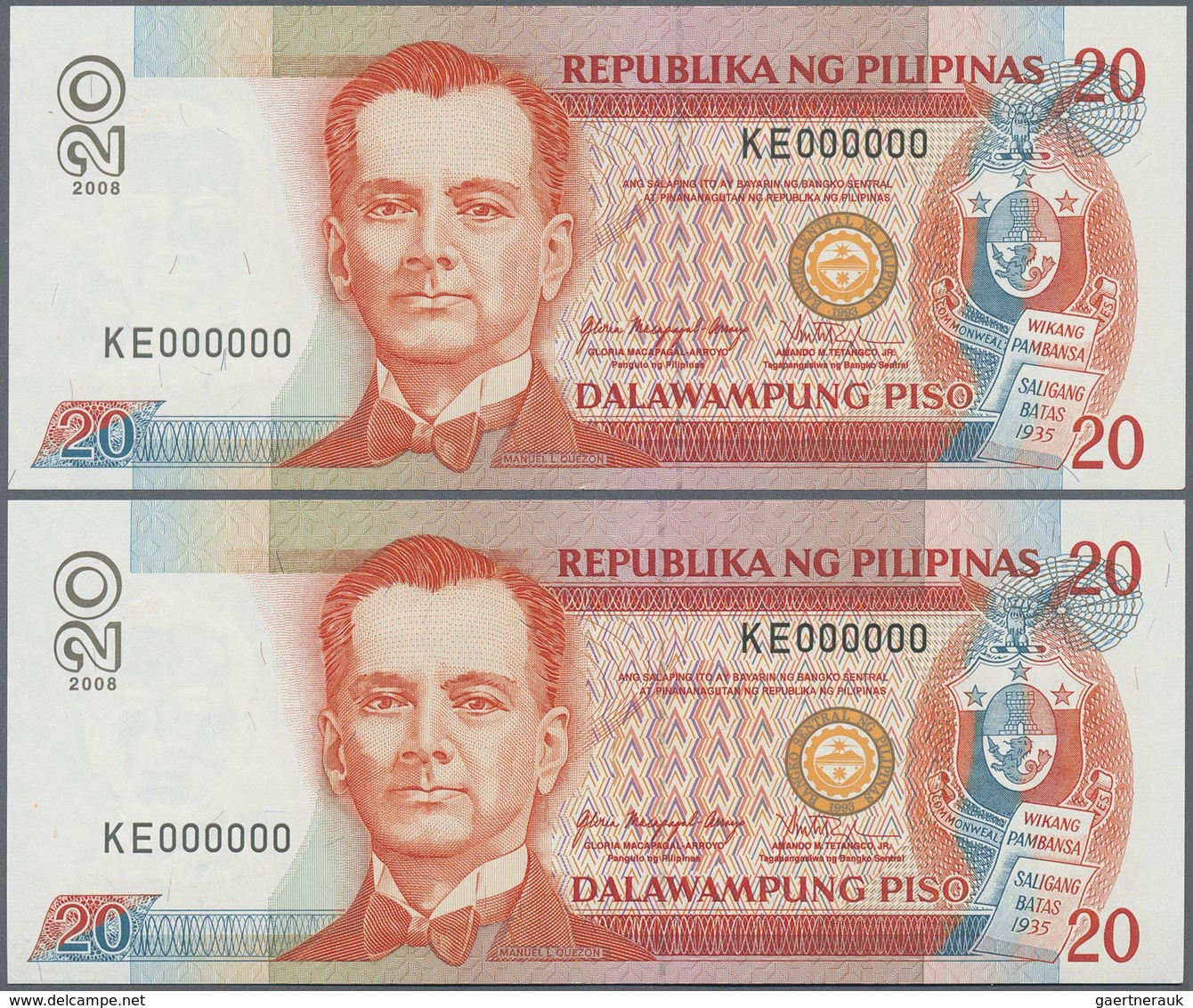 Philippines / Philippinen: 2 Pcs Unlisted Specimen Note Of 20 Pesos 2008 P. NL Like P. 200, With Zer - Philippines
