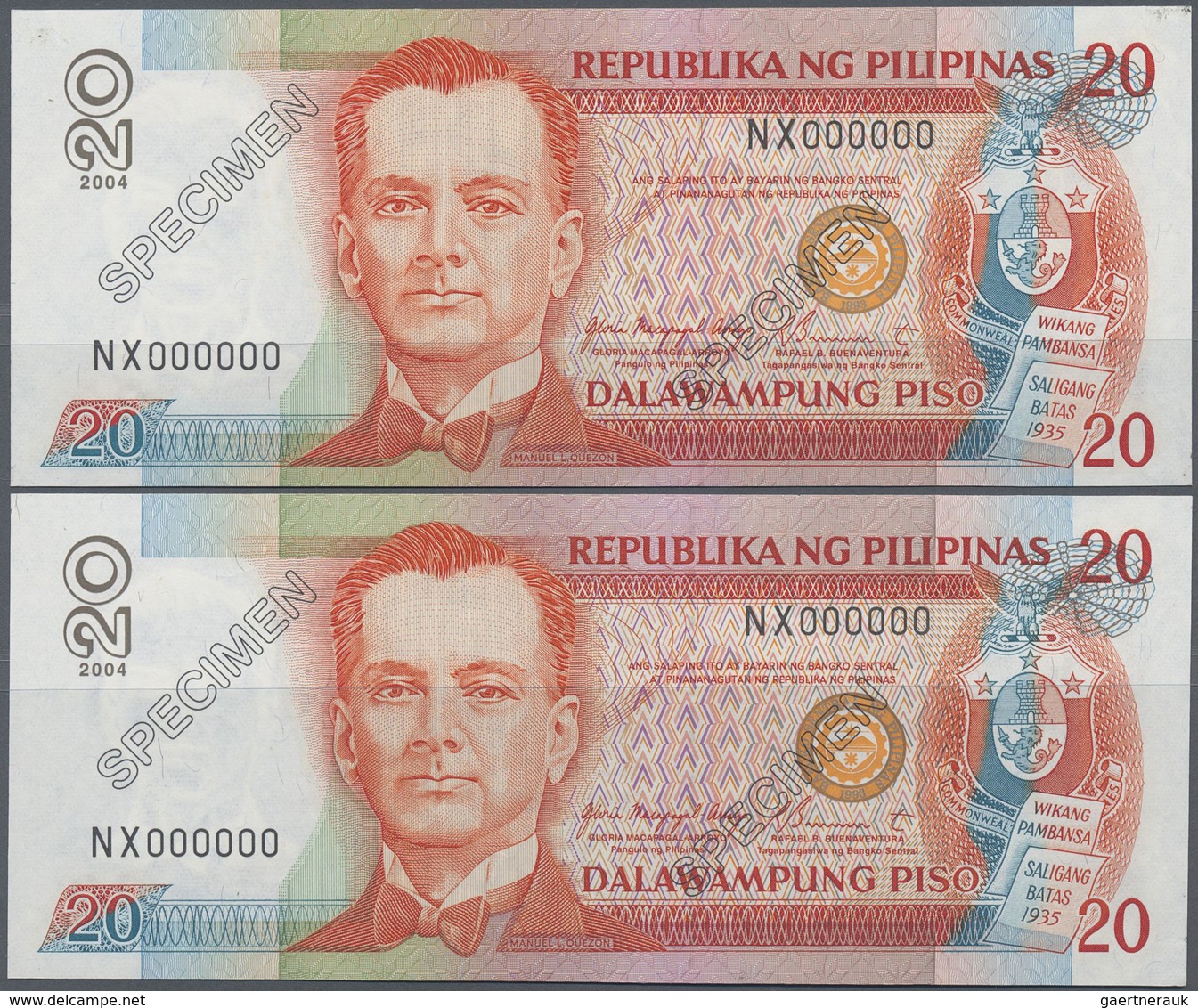 Philippines / Philippinen: 2 Pcs Unlisted Specimen Note Of 20 Pesos 2004 P. NL Like P. 200, With Zer - Philippines
