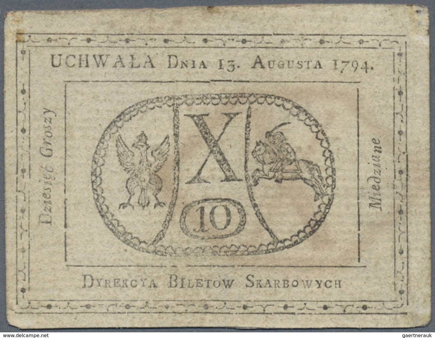 Poland / Polen: 10 Groszy 1794, P.A9 With Watermark "X", Toned Paper With A Few Spots. Condition: F+ - Poland