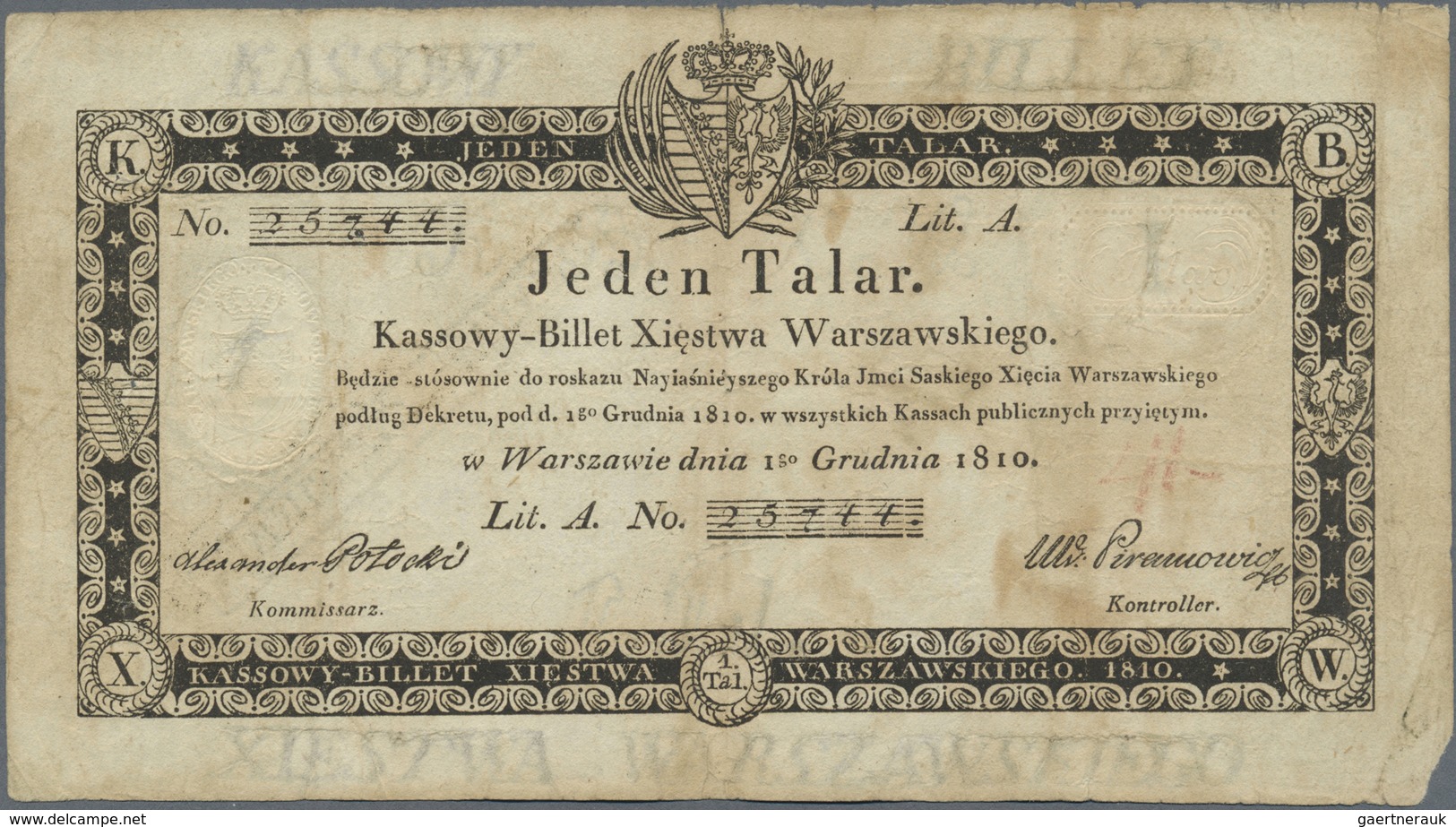 Poland / Polen: 1 Talar 1810, P.A12 With Handwritten Serial Number, Yellowed Paper With Several Fold - Poland