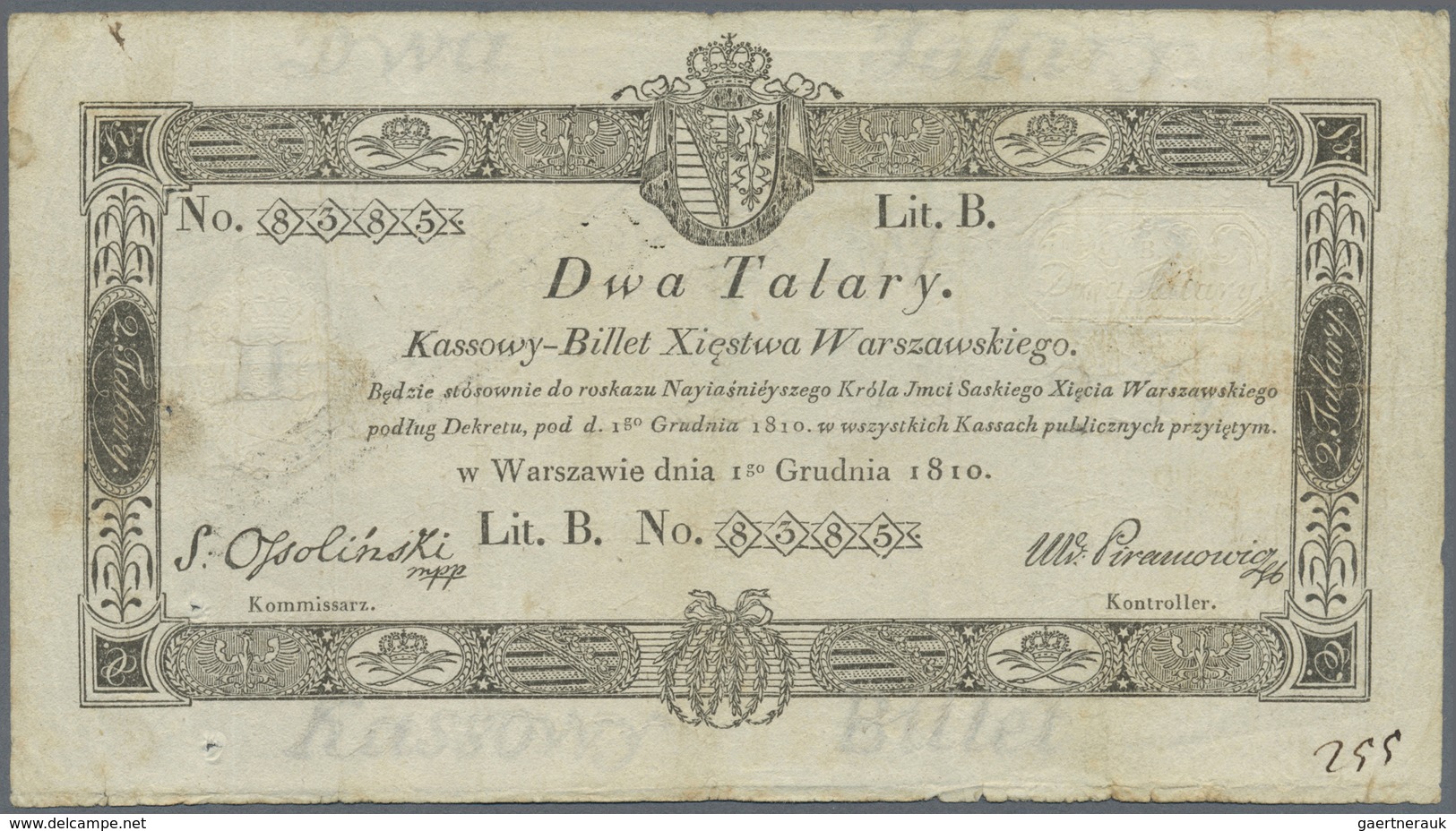 Poland / Polen: 2 Talary 1810, P.A13, Very Rare Note In Nice Original Shape With A Few Spots, Small - Poland
