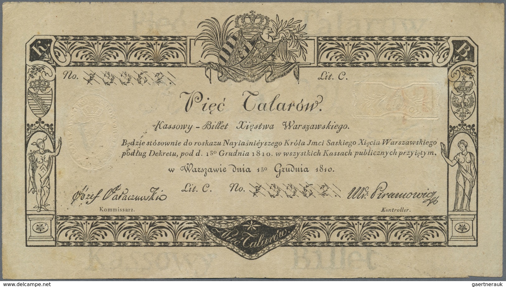 Poland / Polen: 5 Talarow 1810, P.A14, Highly Rare Note In Excellent Condition, Lightly Toned But St - Poland